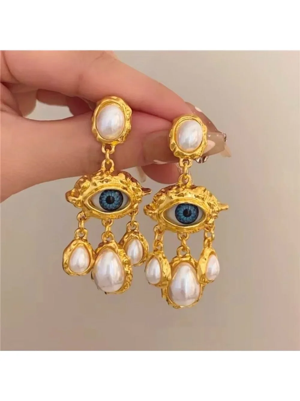 Gold-Tone Evil Eye Pearl Drop Earrings